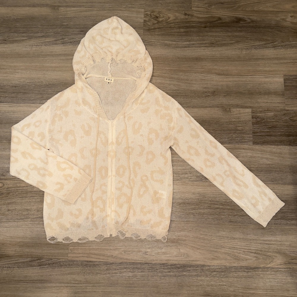 POL Leopard Print‎ Knit Hoodie Zip Up Beige Lightweight Sweater Women M